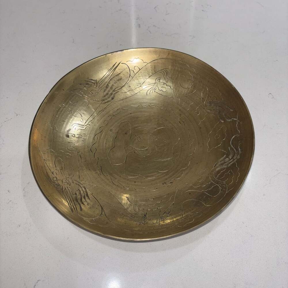 Vintage Chinese Brass Bowl Etched Dragon